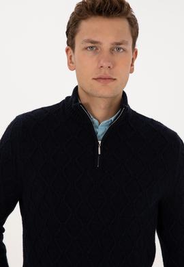 Erkek Regular Fit Yarım Fermuarlı Desenli Lacivert Kazak - 50315035010