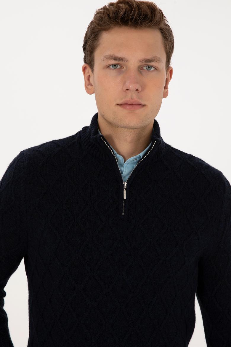 Erkek Regular Fit Yarım Fermuarlı Desenli Lacivert Kazak - 50315035010