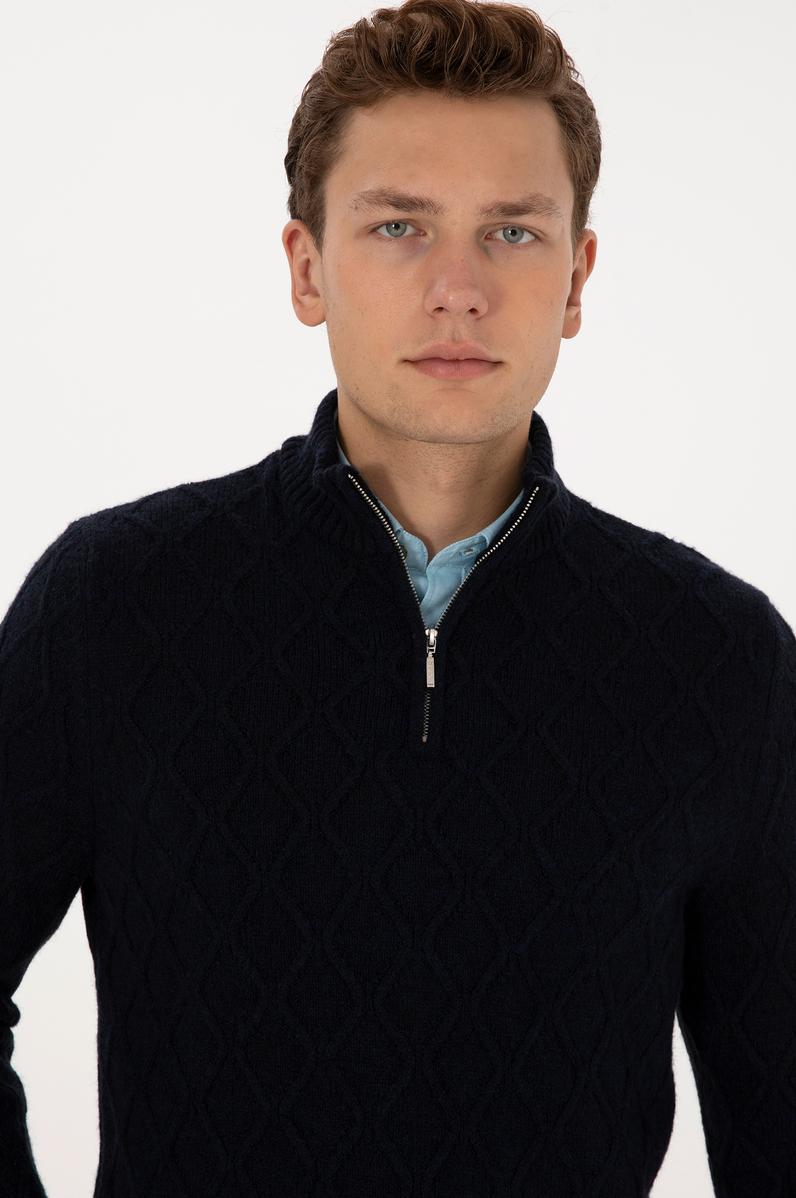 Erkek Regular Fit Yarım Fermuarlı Desenli Lacivert Kazak