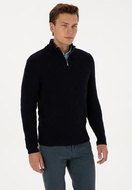 Erkek Regular Fit Yarım Fermuarlı Desenli Lacivert Kazak - 50315035010