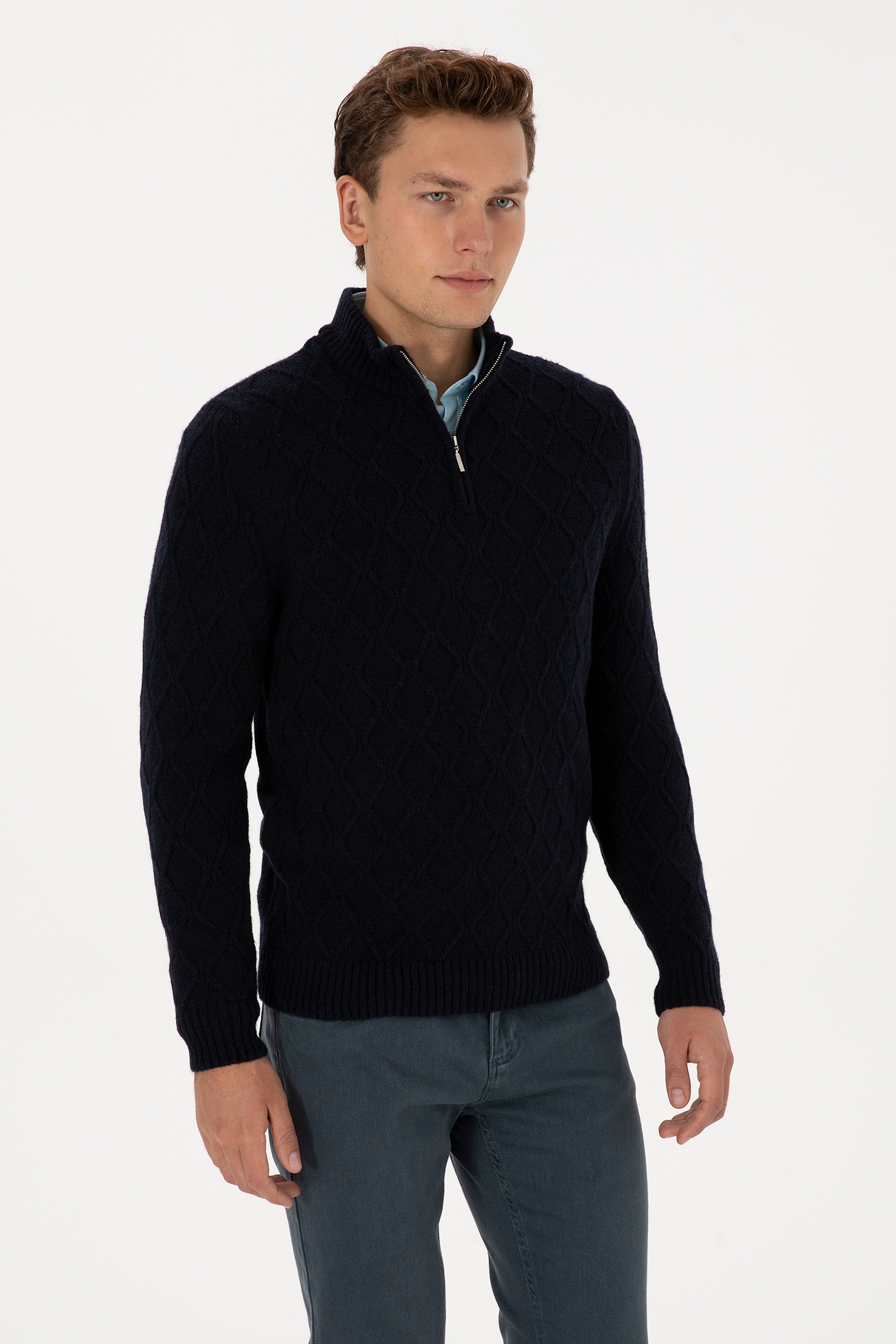 Erkek Regular Fit Yarım Fermuarlı Desenli Lacivert Kazak - Image 3