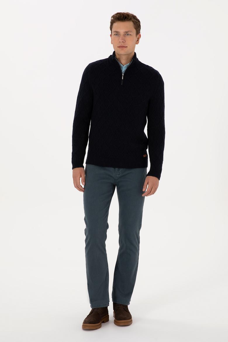 Erkek Regular Fit Yarım Fermuarlı Desenli Lacivert Kazak - 50315035010