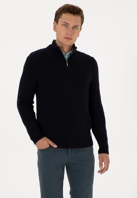 Erkek Regular Fit Yarım Fermuarlı Desenli Lacivert Kazak - 50315035010