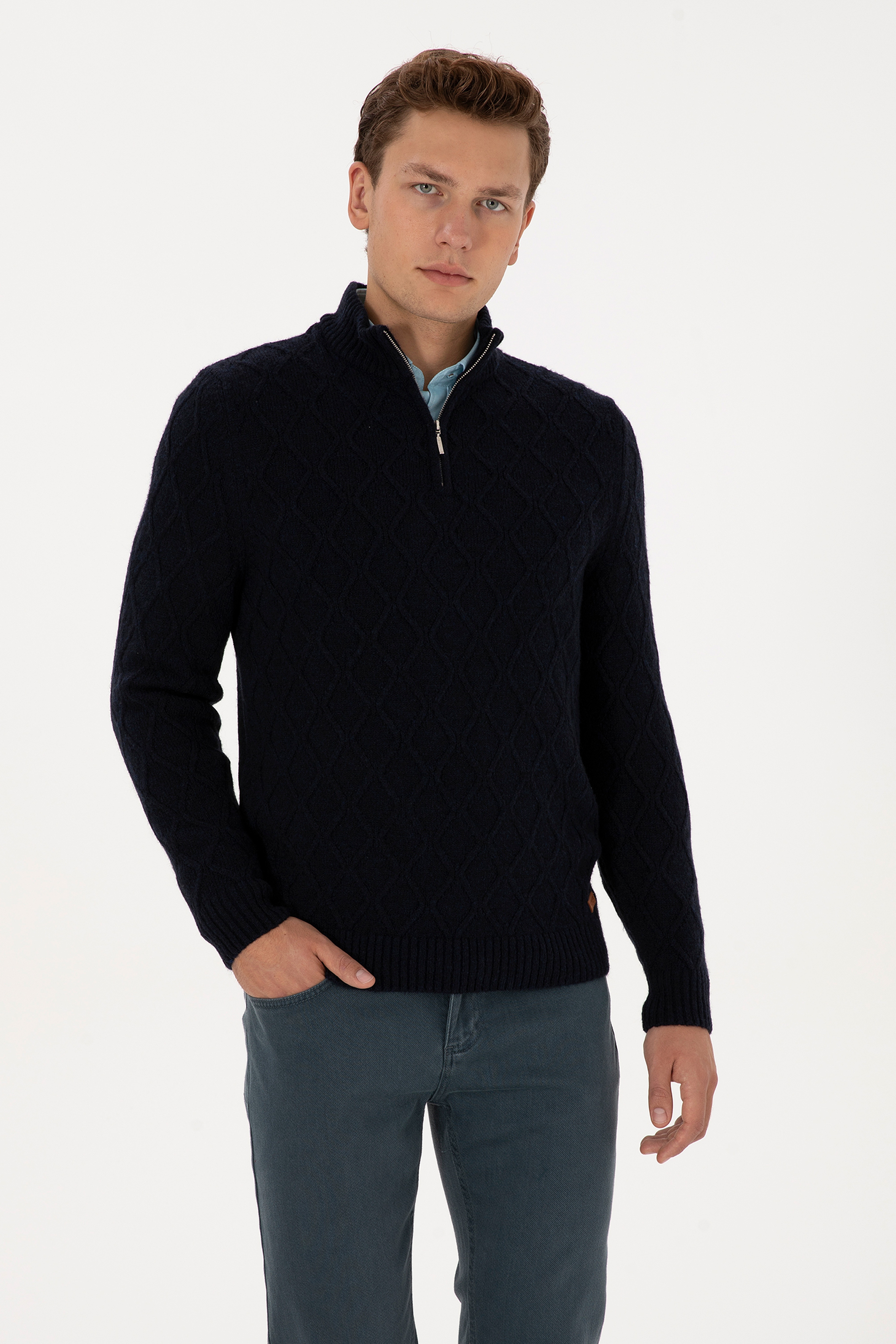 Erkek Regular Fit Yarım Fermuarlı Desenli Lacivert Kazak - Image 1