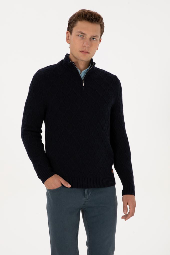 Erkek Regular Fit Yarım Fermuarlı Desenli Lacivert Kazak