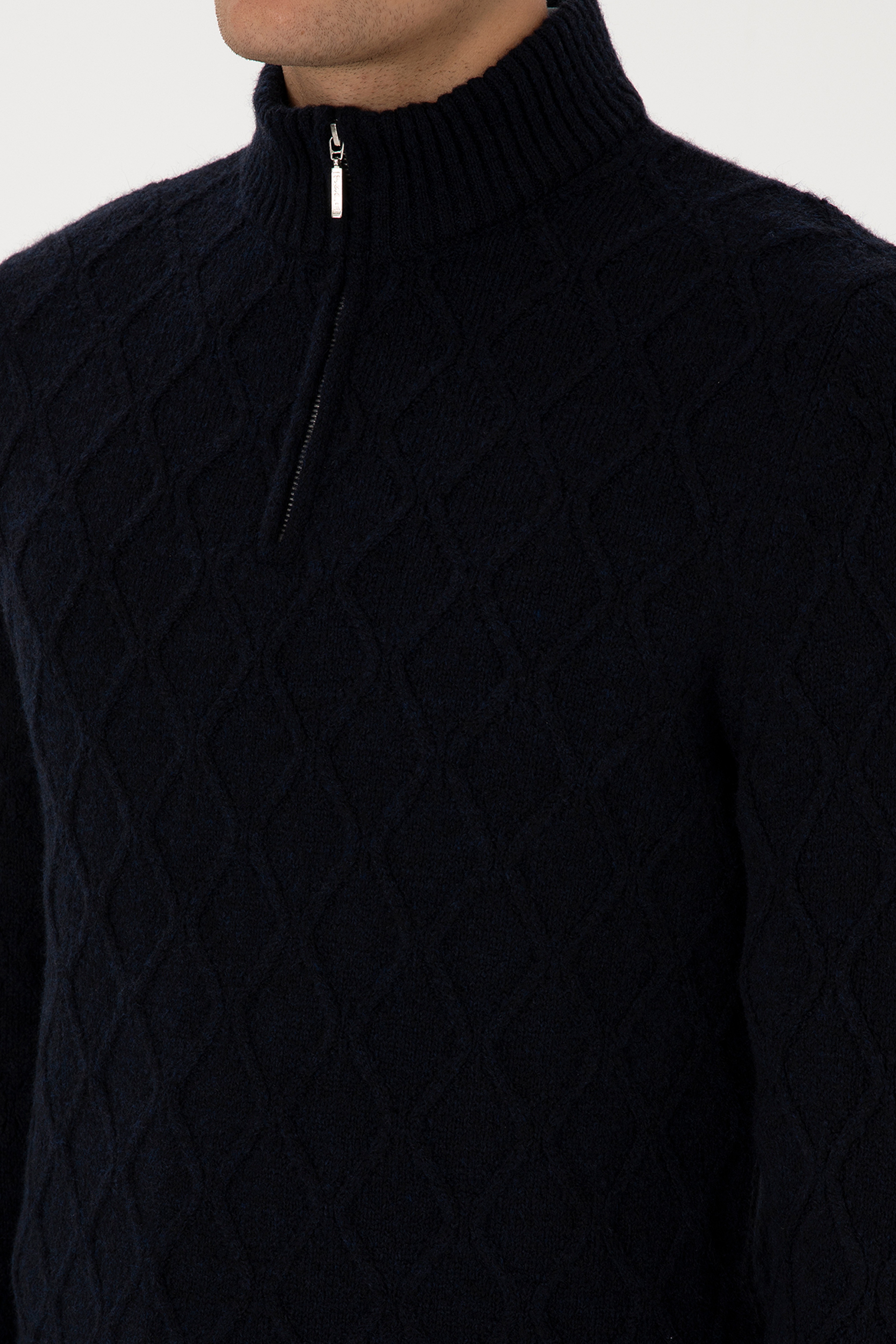 Erkek Regular Fit Yarım Fermuarlı Desenli Lacivert Kazak - Image 7