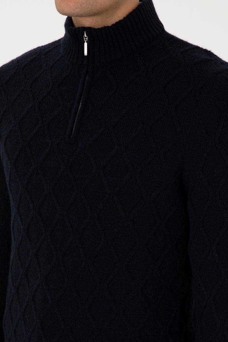 Erkek Regular Fit Yarım Fermuarlı Desenli Lacivert Kazak - 50315035010