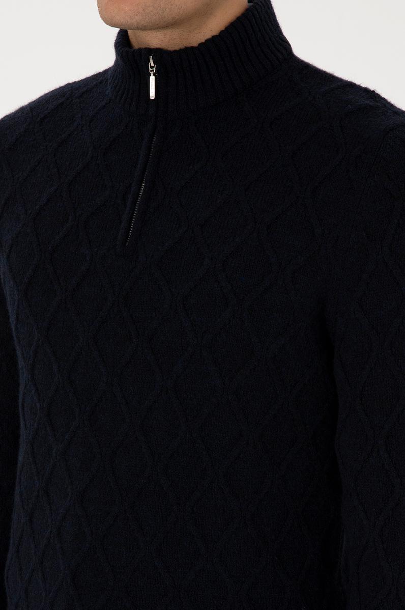 Erkek Regular Fit Yarım Fermuarlı Desenli Lacivert Kazak