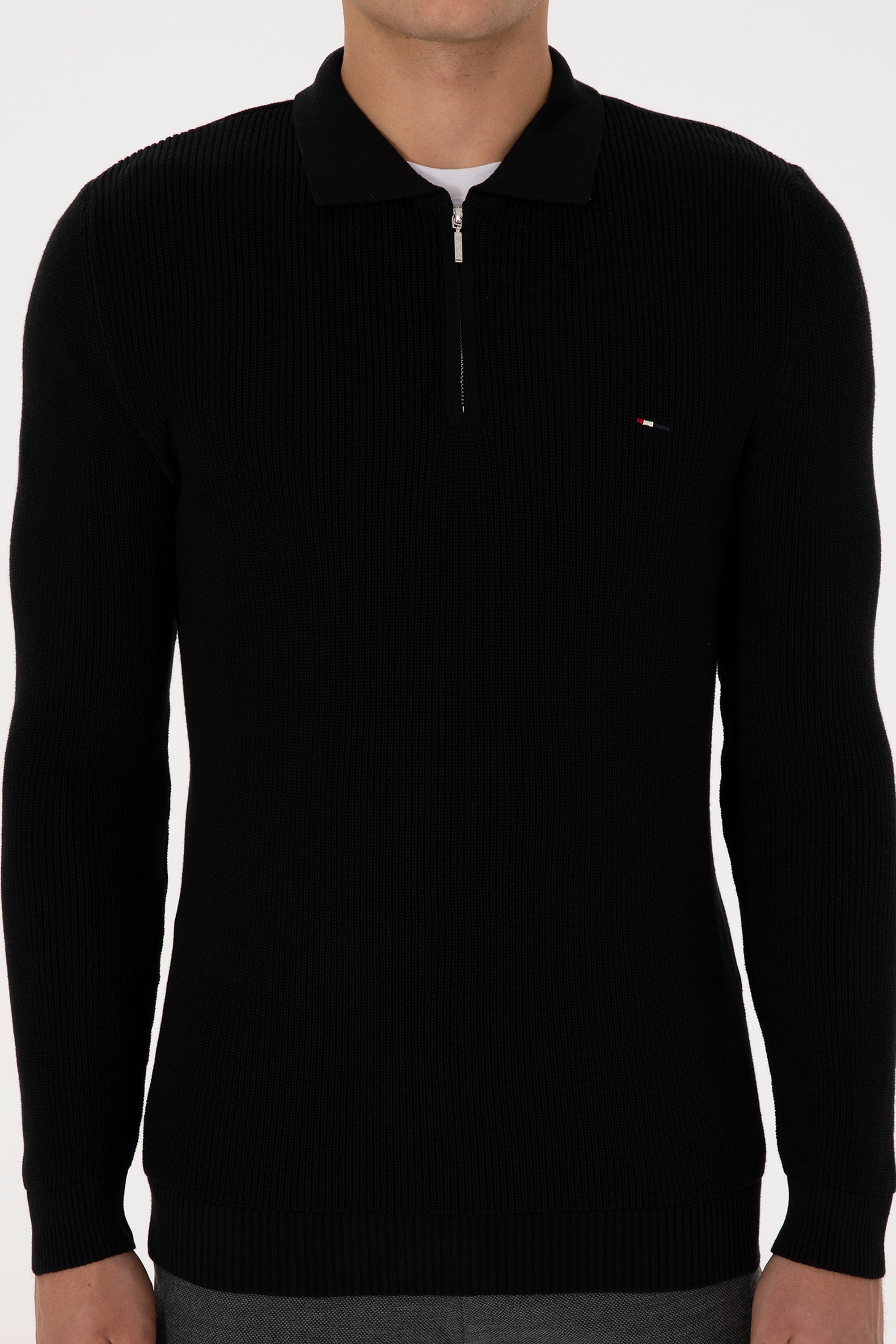 Erkek Regular Fit Yarım Fermuarlı Siyah Basic Kazak - Image 6