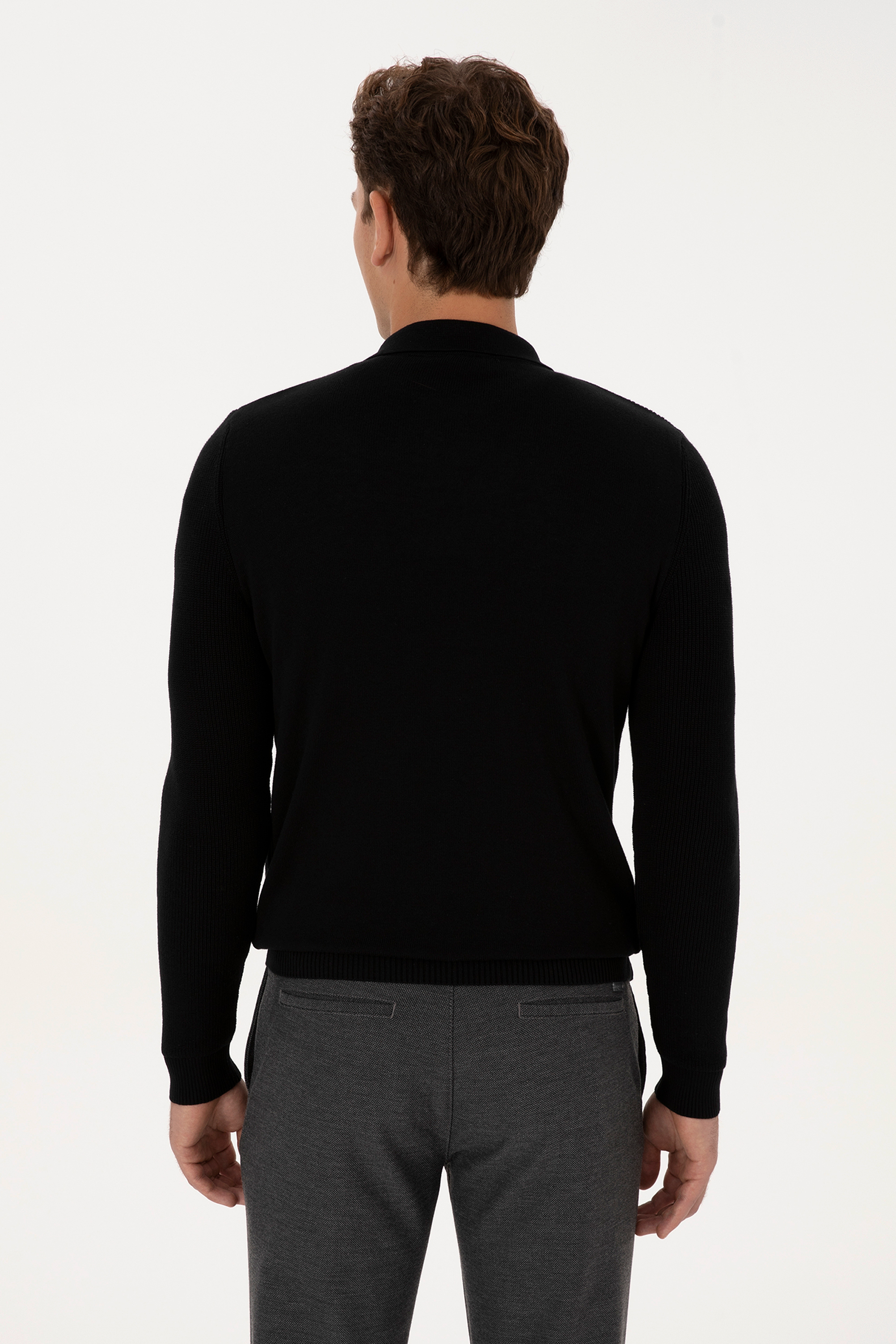 Erkek Regular Fit Yarım Fermuarlı Siyah Basic Kazak - Image 5