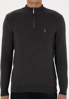 Erkek Slim Fit Yarım Fermuarlı Antrasit Melanj Basic Kazak - 50313695011