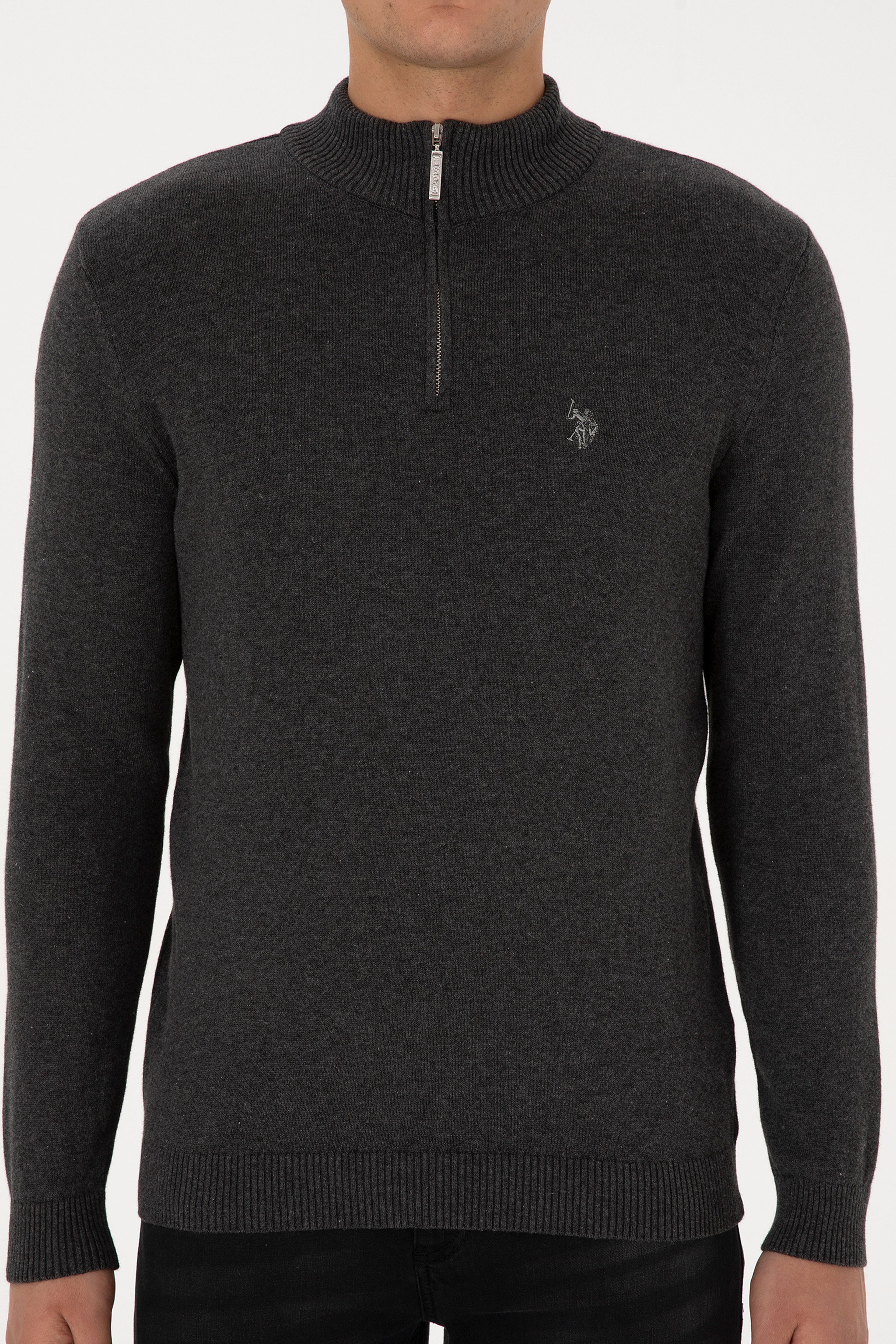Erkek Slim Fit Yarım Fermuarlı Antrasit Melanj Basic Kazak - Image 6
