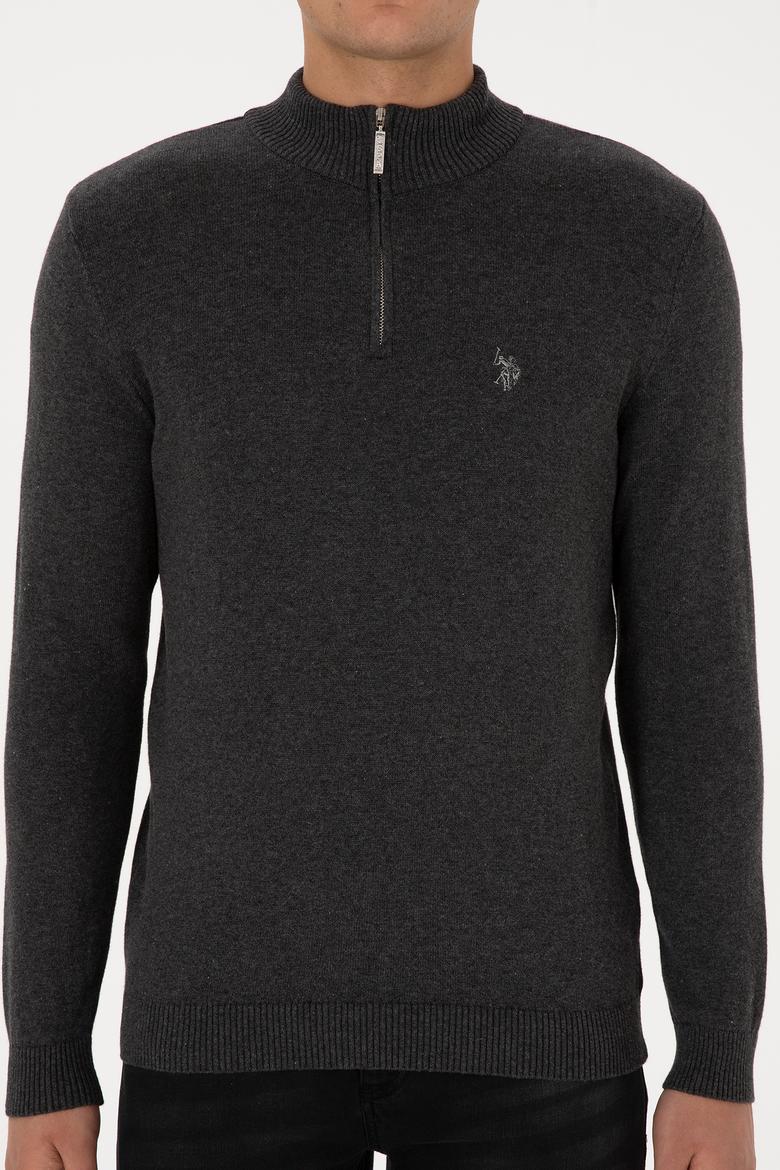 Erkek Slim Fit Yarım Fermuarlı Antrasit Melanj Basic Kazak - 50313695011