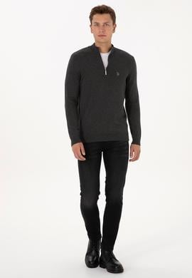 Erkek Slim Fit Yarım Fermuarlı Antrasit Melanj Basic Kazak - 50313695011