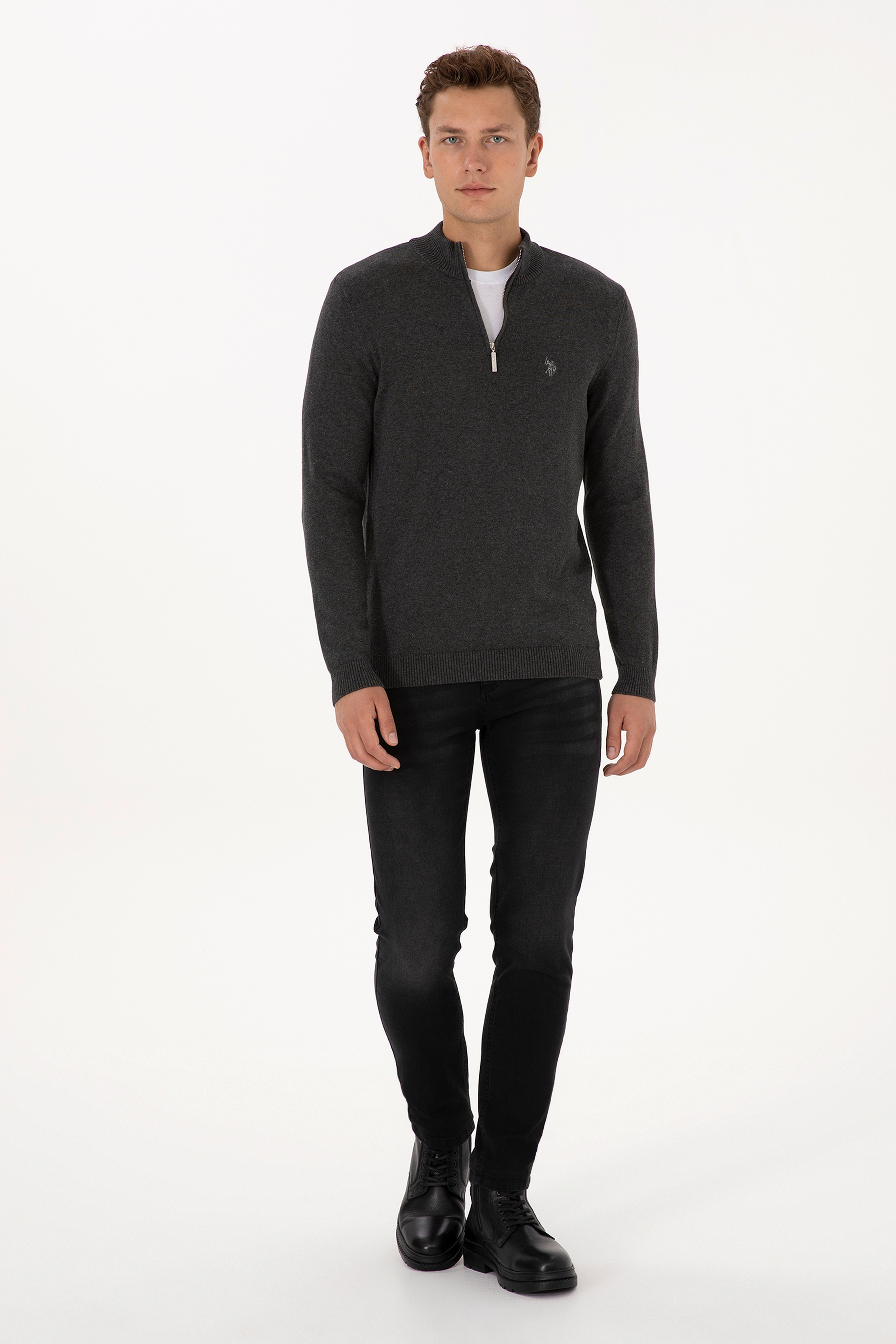 Erkek Slim Fit Yarım Fermuarlı Antrasit Melanj Basic Kazak - Image 4