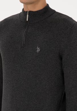 Erkek Slim Fit Yarım Fermuarlı Antrasit Melanj Basic Kazak - 50313695011