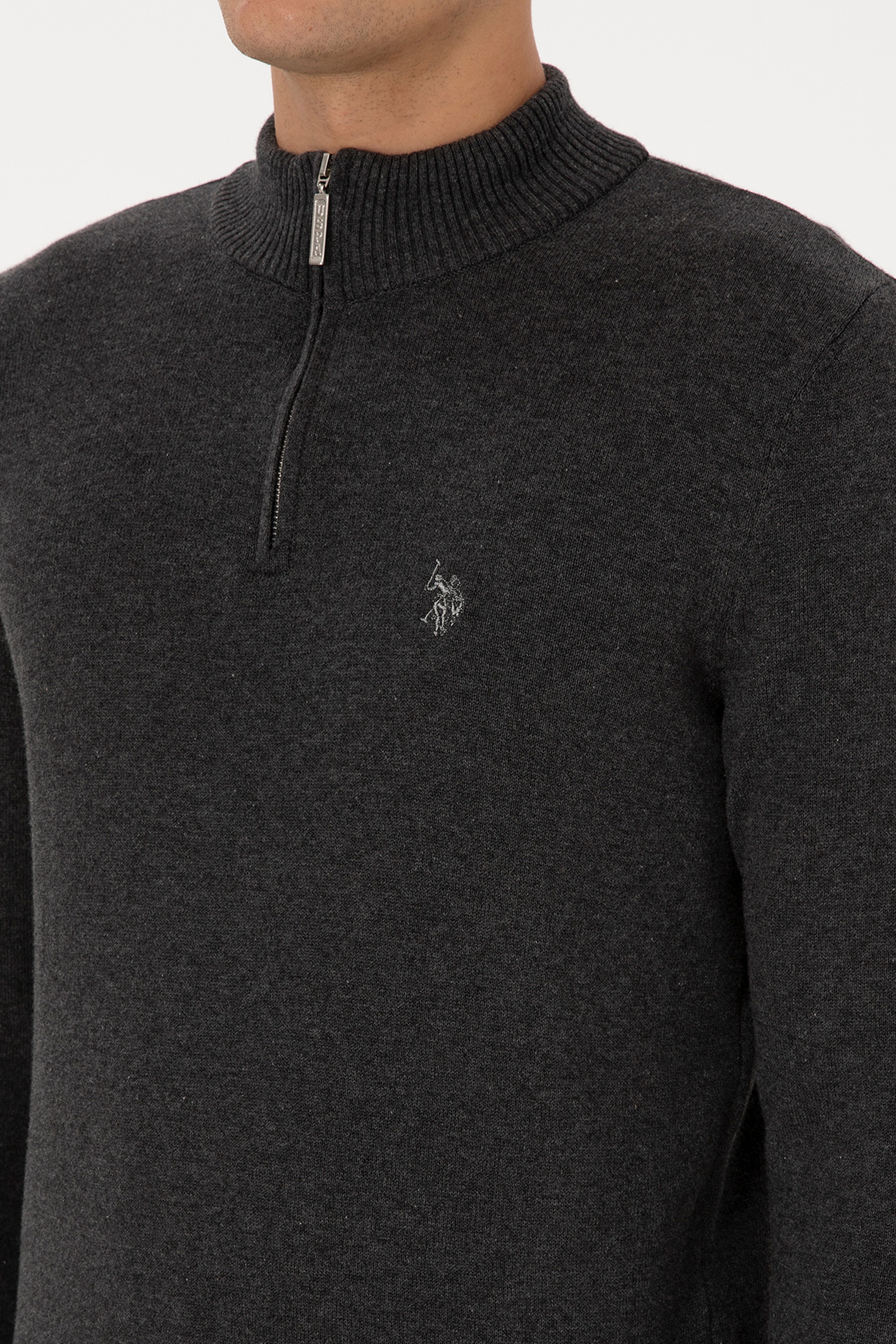 Erkek Slim Fit Yarım Fermuarlı Antrasit Melanj Basic Kazak - Image 7