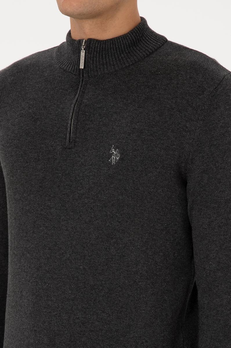 Erkek Slim Fit Yarım Fermuarlı Antrasit Melanj Basic Kazak