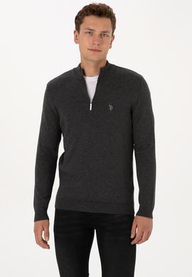 Erkek Slim Fit Yarım Fermuarlı Antrasit Melanj Basic Kazak - 50313695011