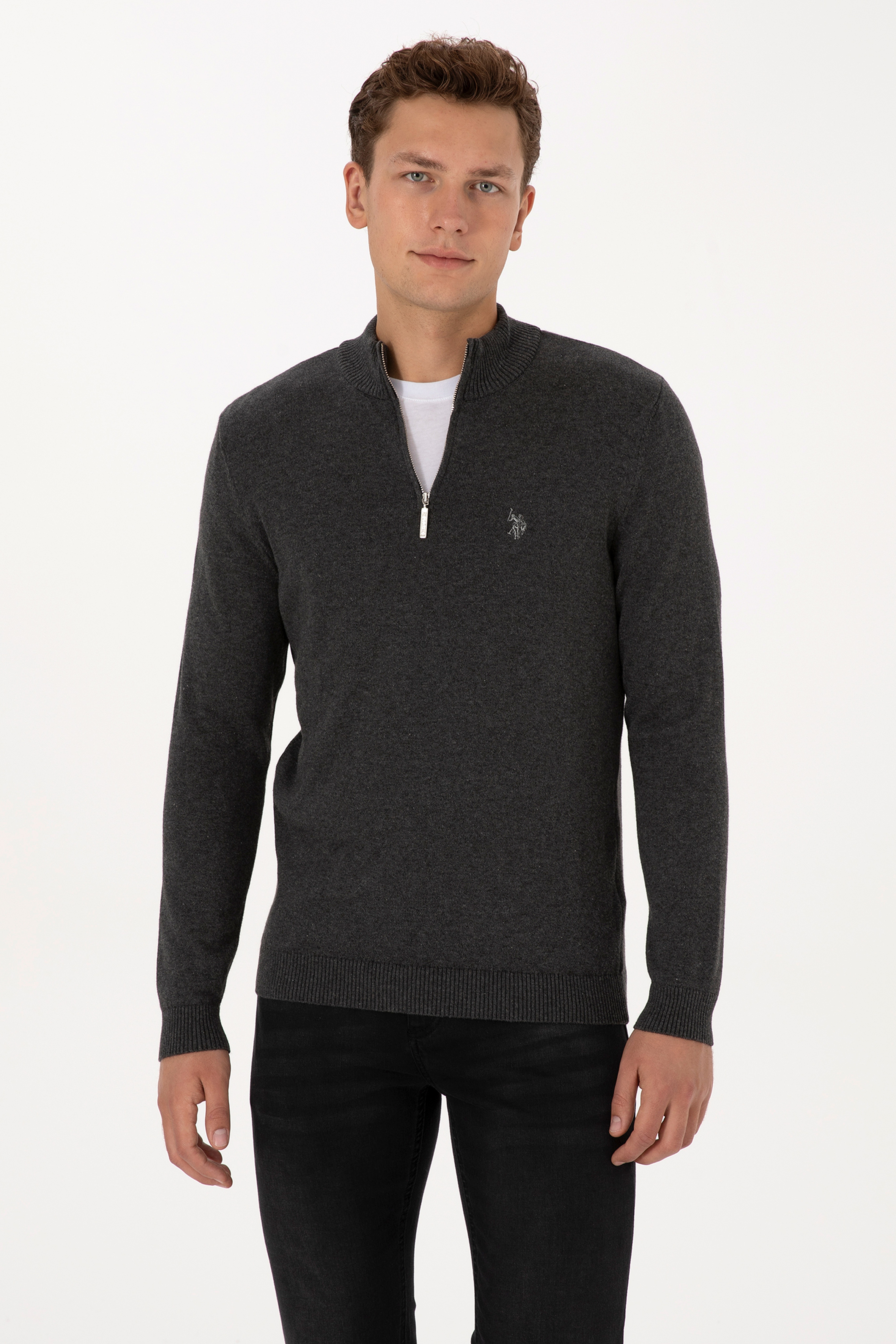 Erkek Slim Fit Yarım Fermuarlı Antrasit Melanj Basic Kazak - Image 3