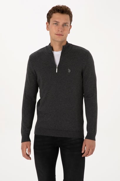 Erkek Slim Fit Yarım Fermuarlı Antrasit Melanj Basic Kazak