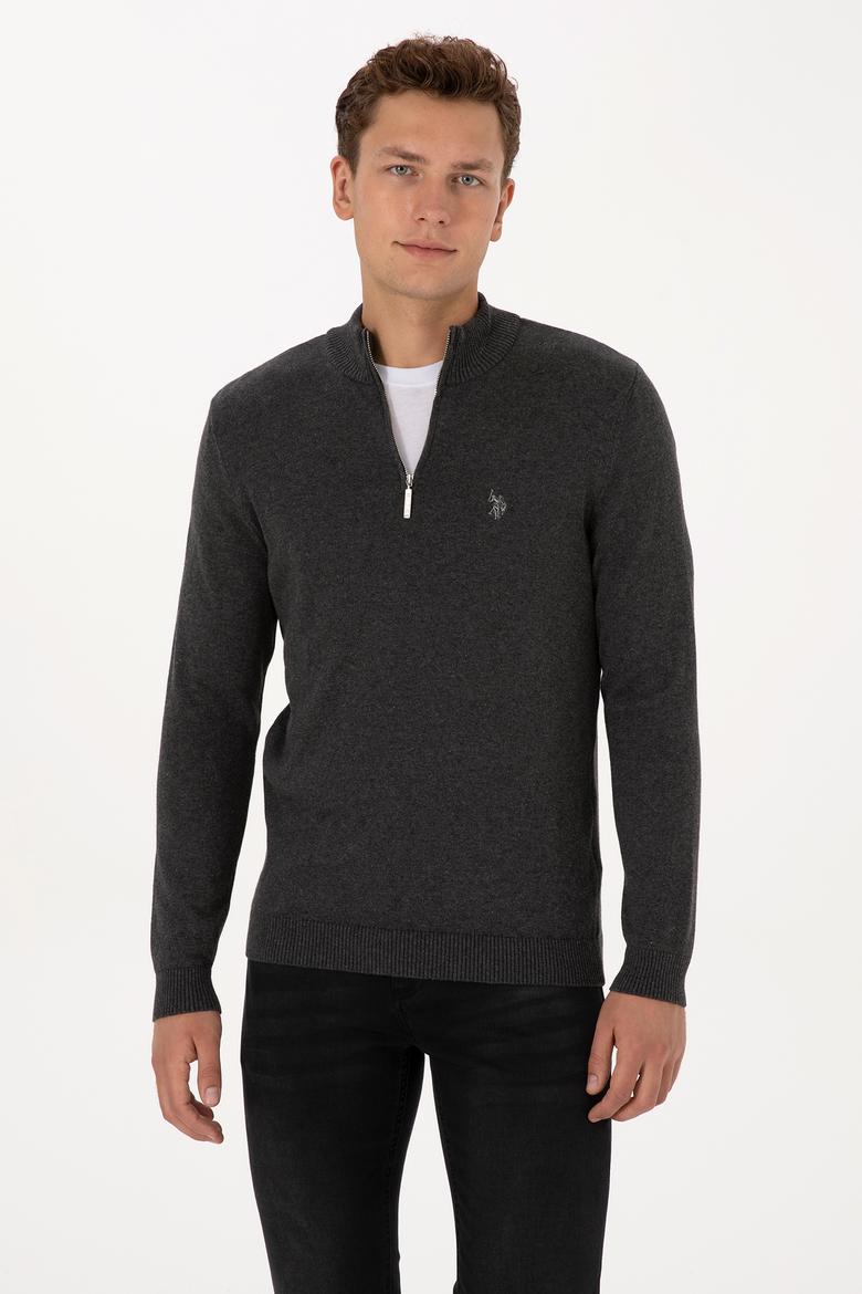 Erkek Slim Fit Yarım Fermuarlı Antrasit Melanj Basic Kazak - 50313695011