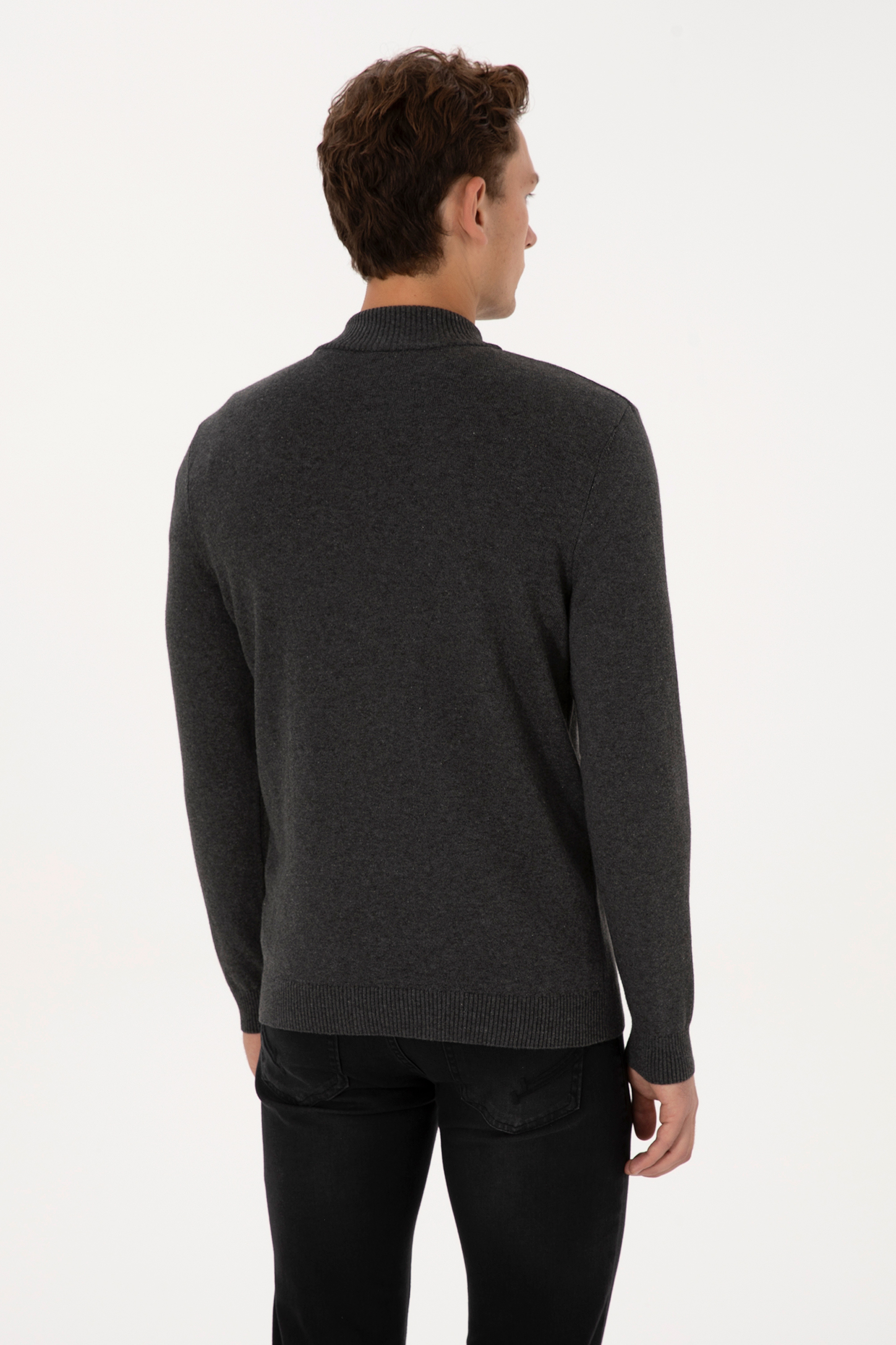 Erkek Slim Fit Yarım Fermuarlı Antrasit Melanj Basic Kazak - Image 5