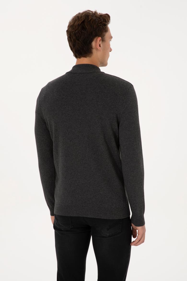 Erkek Slim Fit Yarım Fermuarlı Antrasit Melanj Basic Kazak - 50313695011