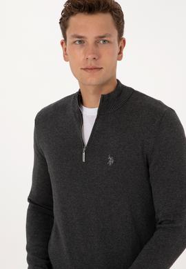 Erkek Slim Fit Yarım Fermuarlı Antrasit Melanj Basic Kazak - 50313695011