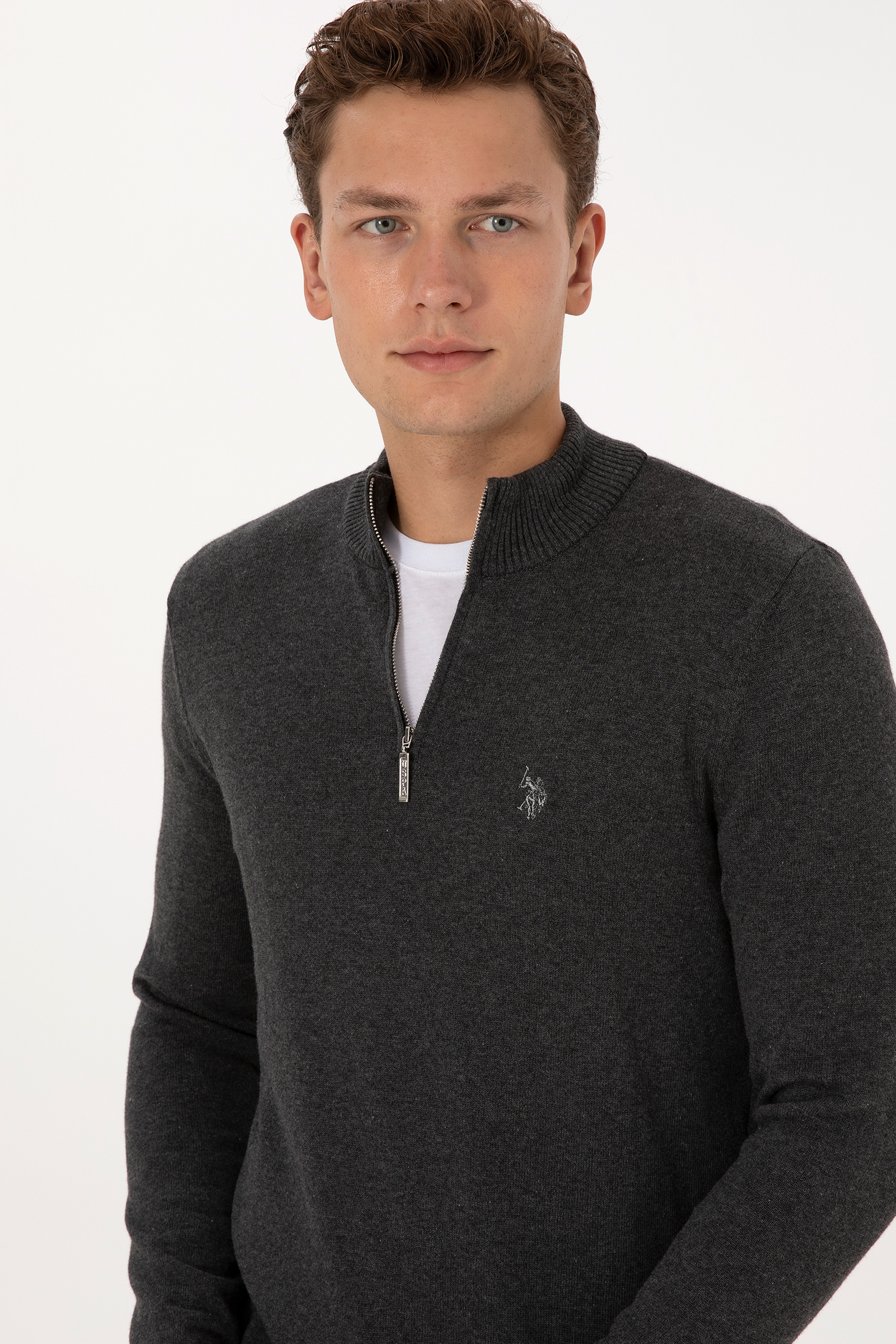 Erkek Slim Fit Yarım Fermuarlı Antrasit Melanj Basic Kazak - Image 2