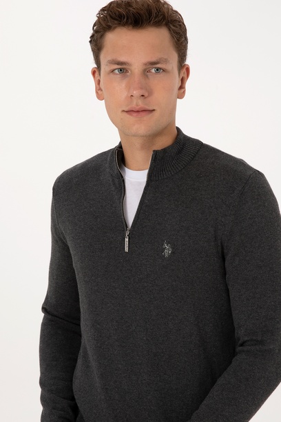 Erkek Slim Fit Yarım Fermuarlı Antrasit Melanj Basic Kazak