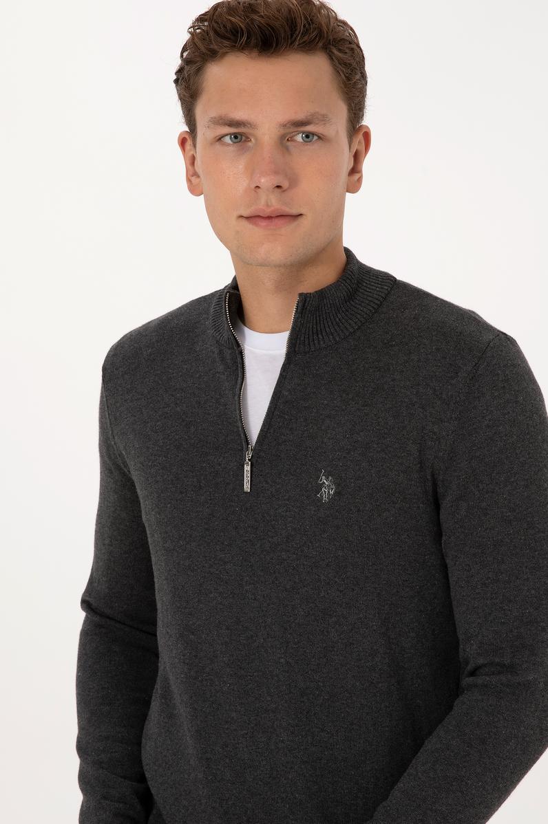 Erkek Slim Fit Yarım Fermuarlı Antrasit Melanj Basic Kazak