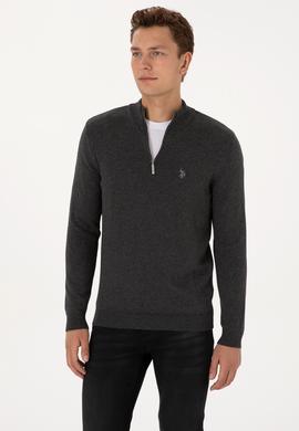 Erkek Slim Fit Yarım Fermuarlı Antrasit Melanj Basic Kazak - 50313695011