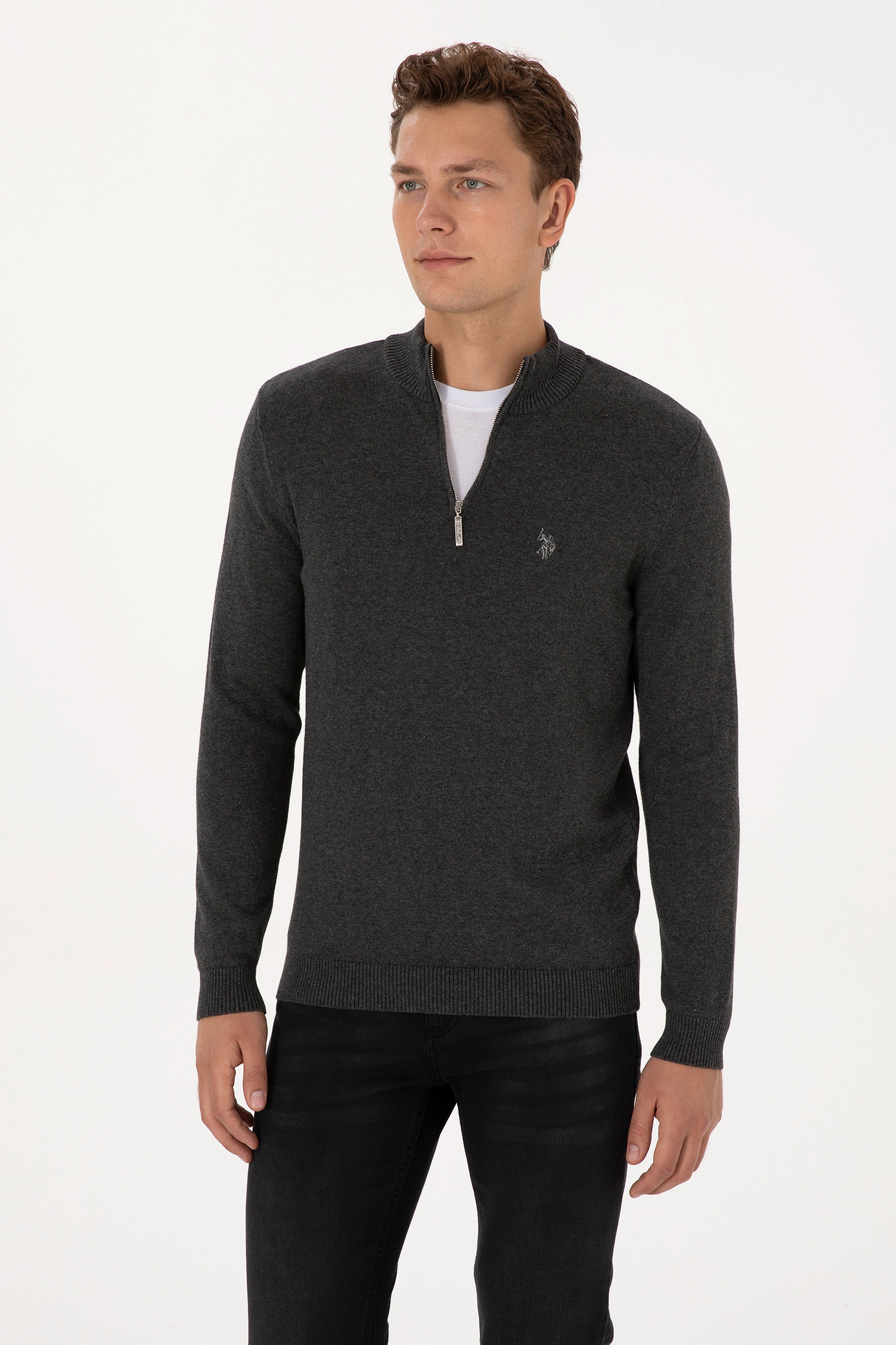 Erkek Slim Fit Yarım Fermuarlı Antrasit Melanj Basic Kazak - Image 1