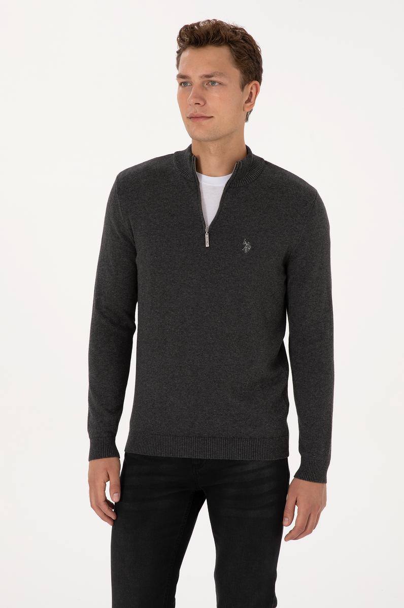 Erkek Slim Fit Yarım Fermuarlı Antrasit Melanj Basic Kazak