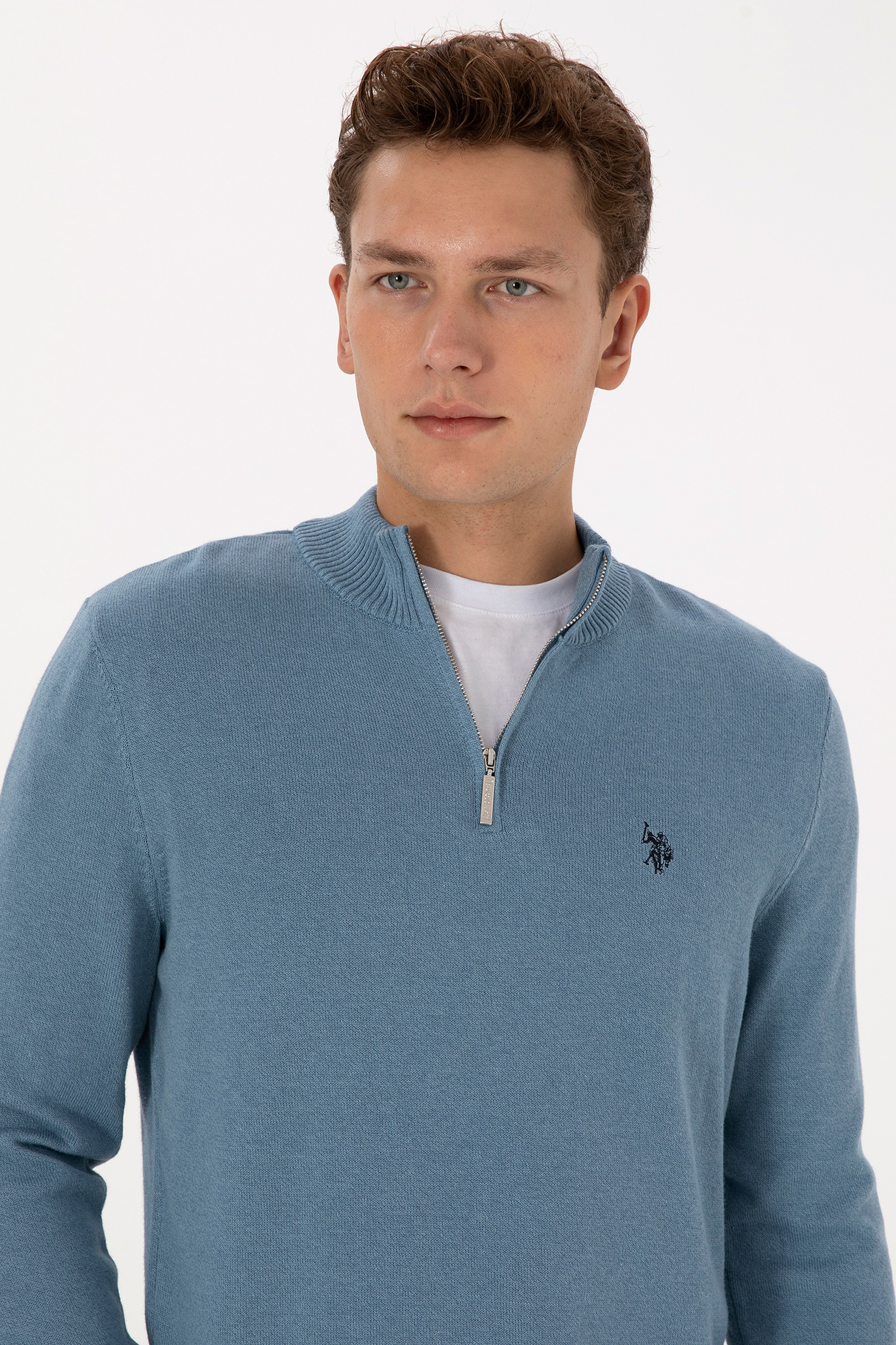 Erkek Slim Fit Yarım Fermuarlı Mavi Basic Kazak - Image 2