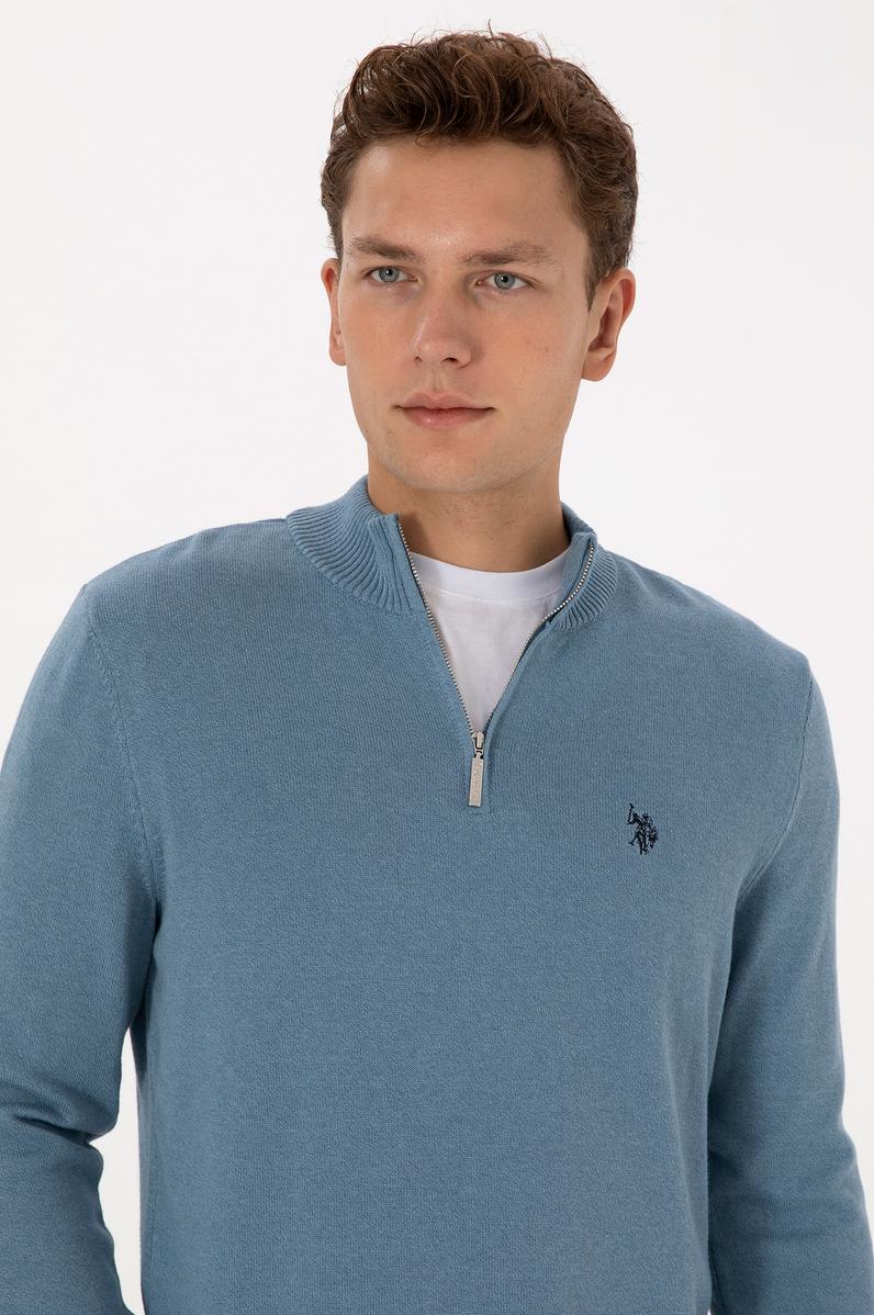 Erkek Slim Fit Yarım Fermuarlı Mavi Basic Kazak