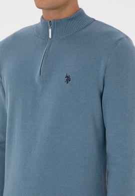 Erkek Slim Fit Yarım Fermuarlı Mavi Basic Kazak - 50313695098