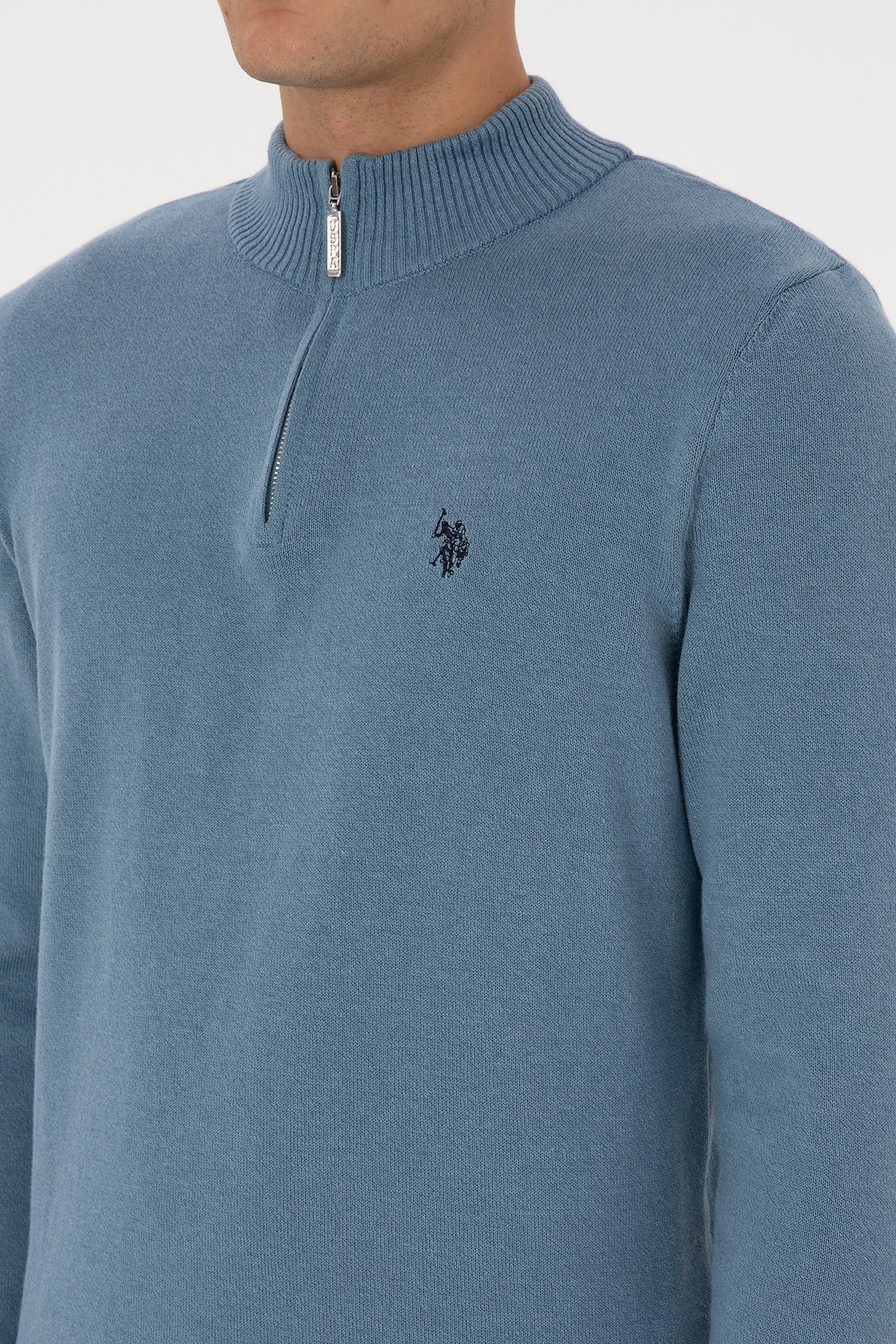 Erkek Slim Fit Yarım Fermuarlı Mavi Basic Kazak