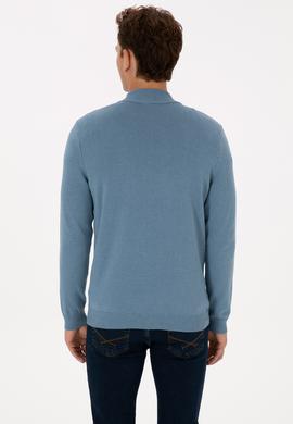 Erkek Slim Fit Yarım Fermuarlı Mavi Basic Kazak - 50313695098