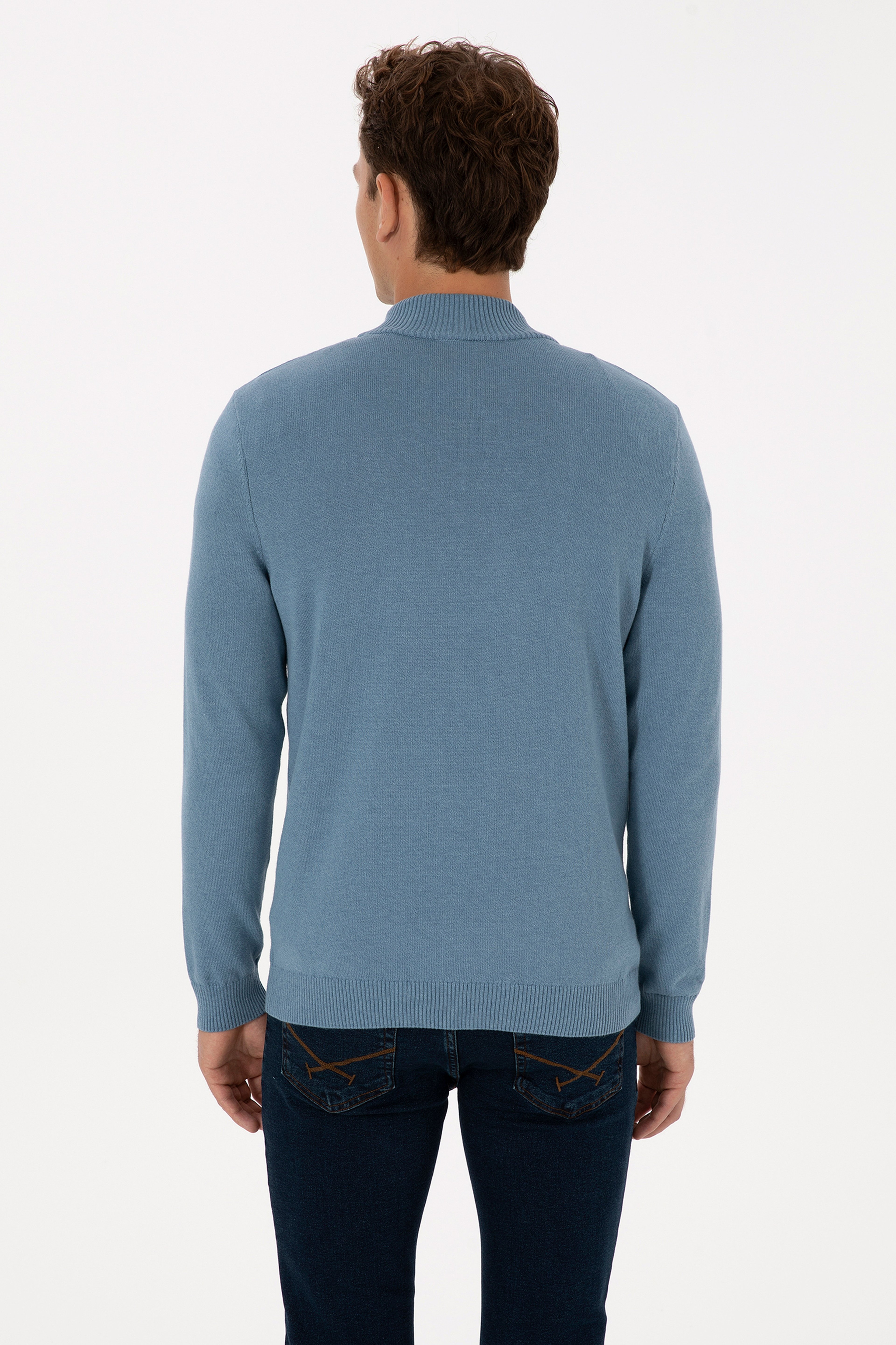 Erkek Slim Fit Yarım Fermuarlı Mavi Basic Kazak