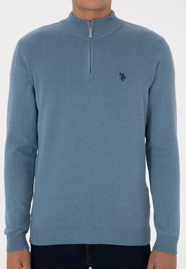 Erkek Slim Fit Yarım Fermuarlı Mavi Basic Kazak - 50313695098