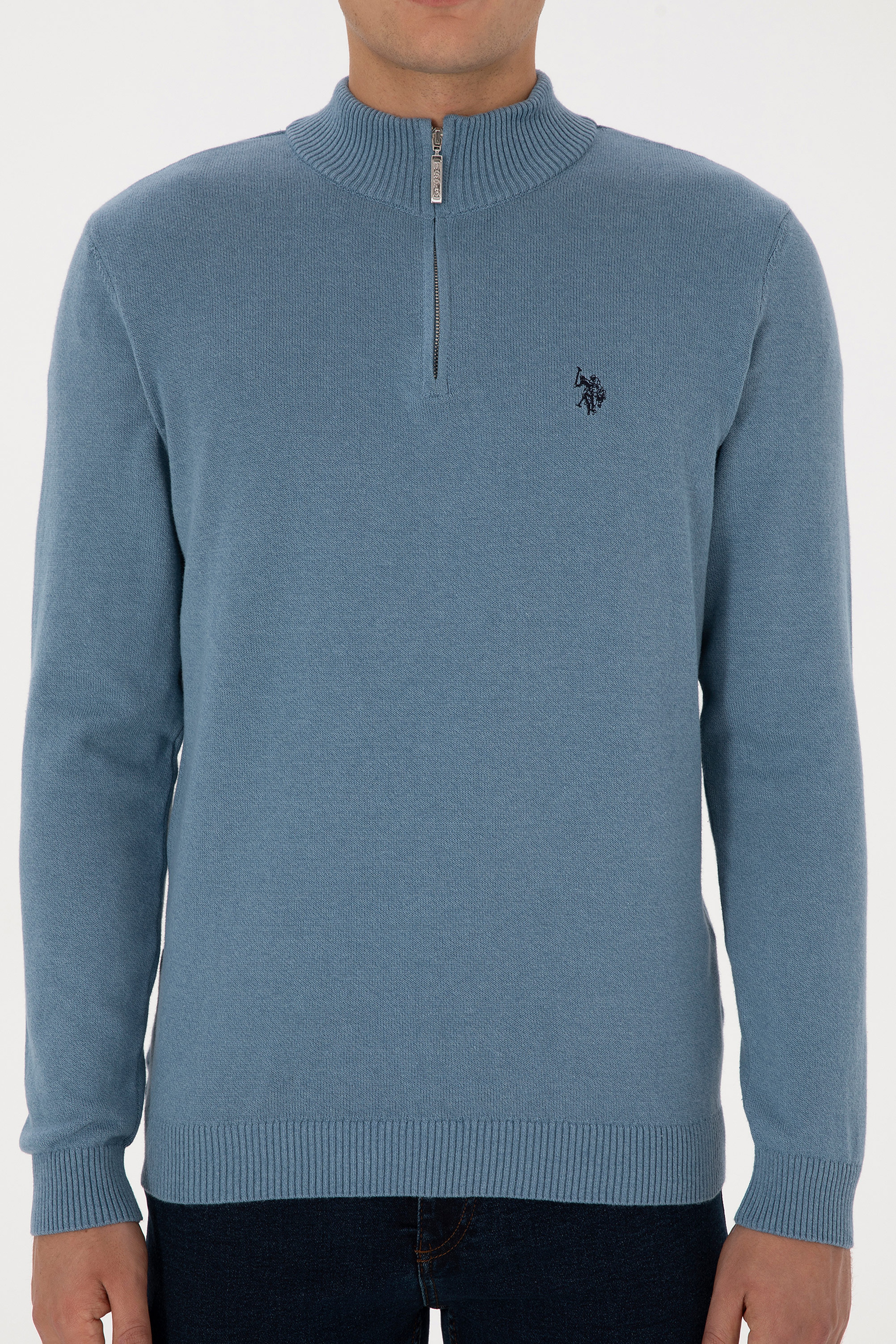 Erkek Slim Fit Yarım Fermuarlı Mavi Basic Kazak
