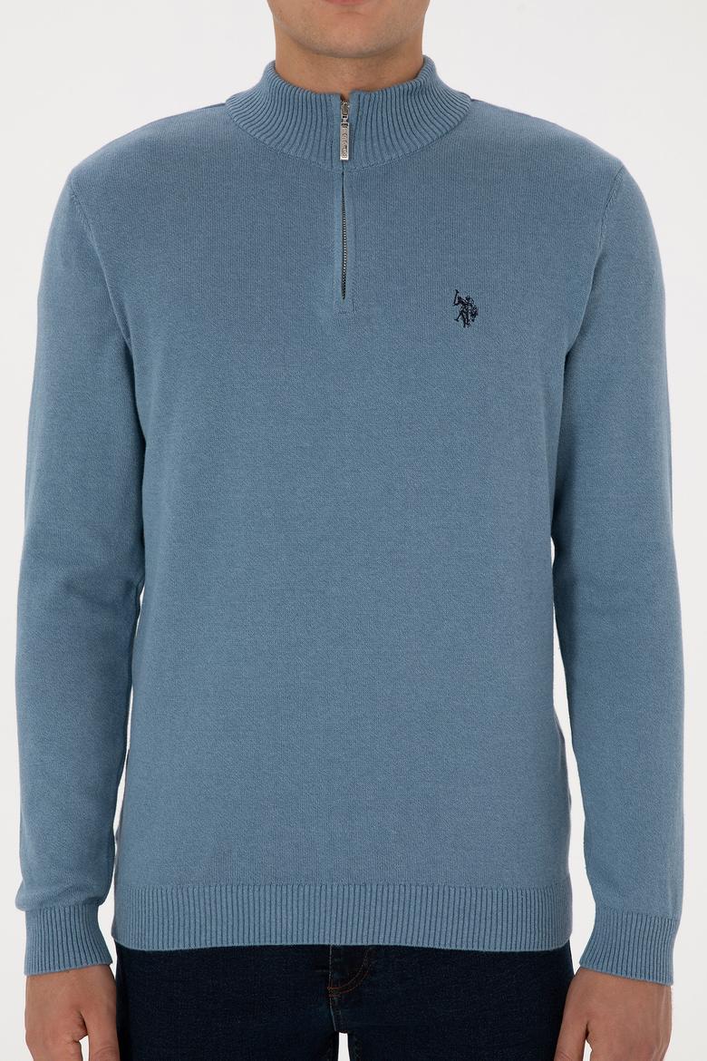 Erkek Slim Fit Yarım Fermuarlı Mavi Basic Kazak - 50313695098