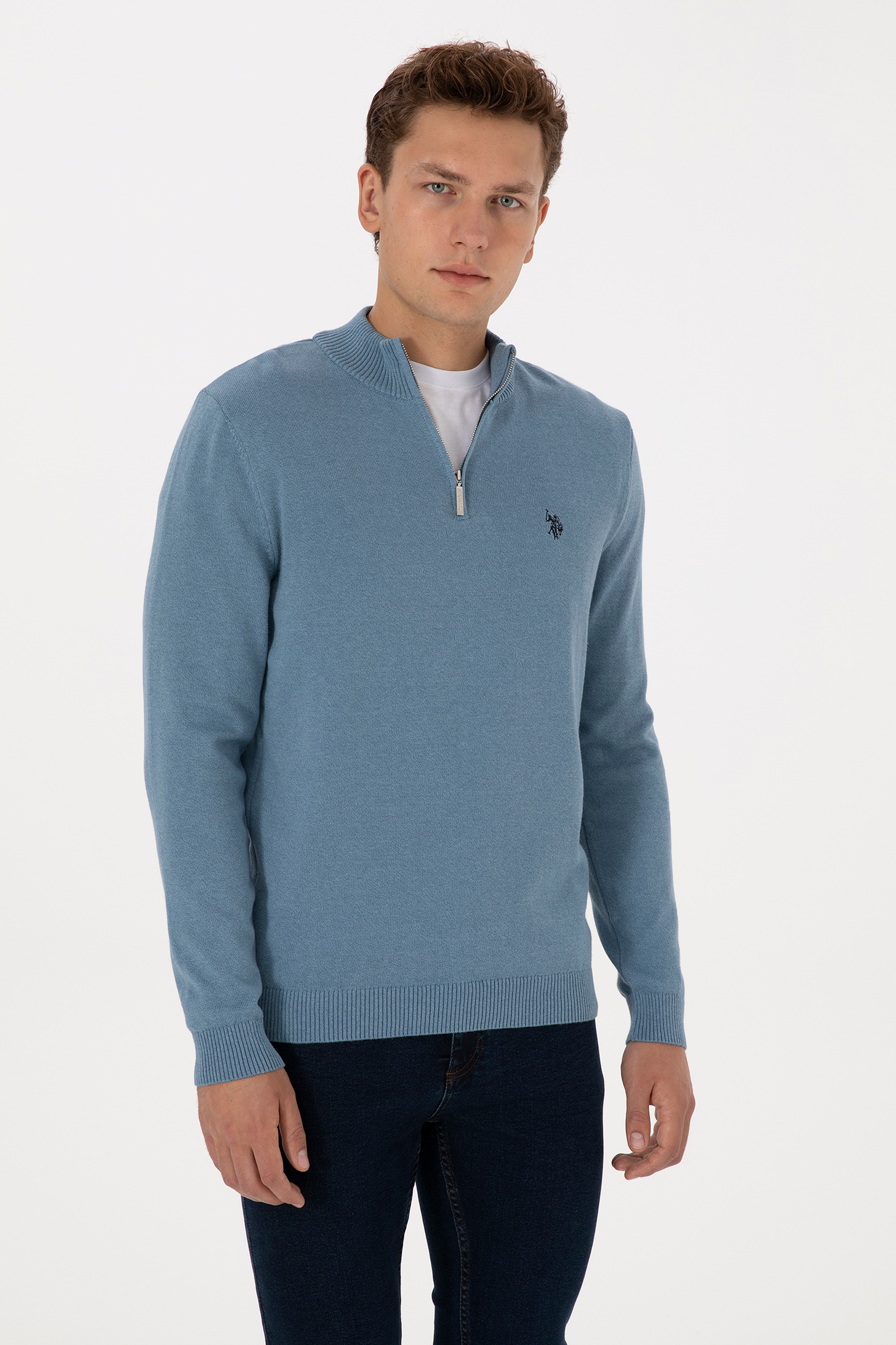 Erkek Slim Fit Yarım Fermuarlı Mavi Basic Kazak - Image 1