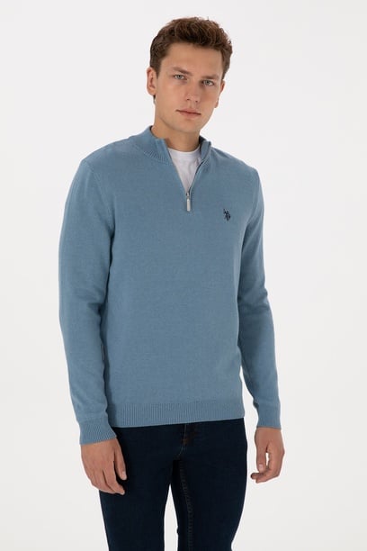 Erkek Slim Fit Yarım Fermuarlı Mavi Basic Kazak