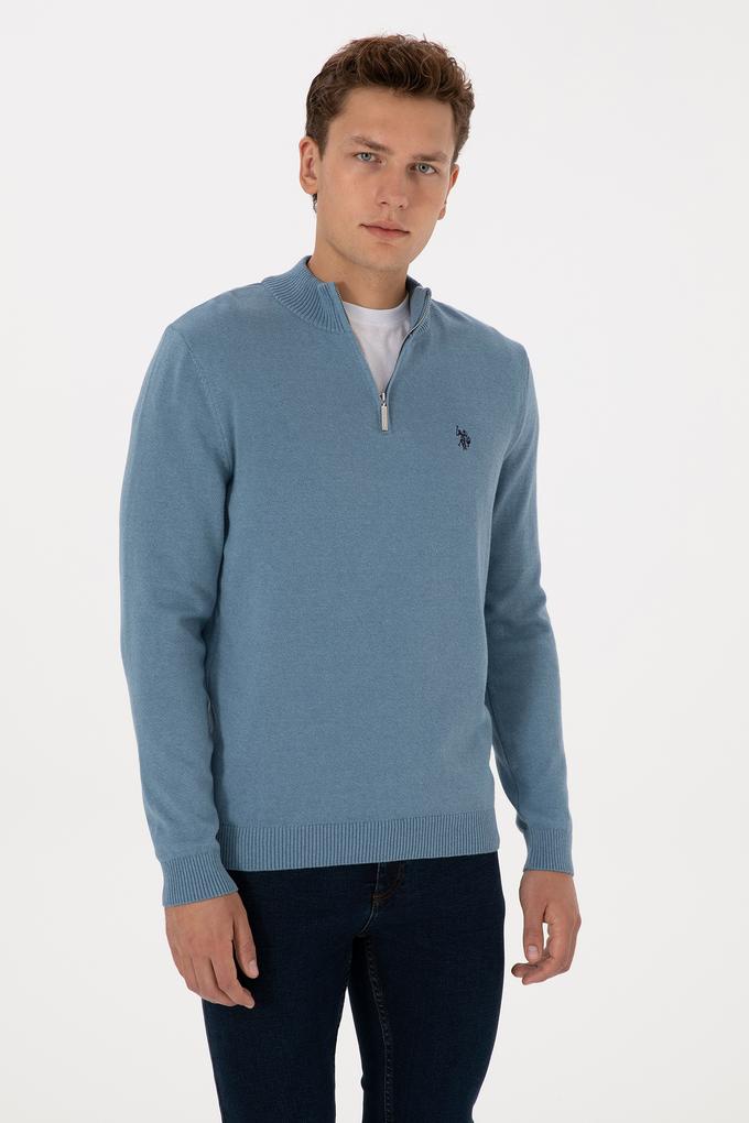 Erkek Slim Fit Yarım Fermuarlı Mavi Basic Kazak