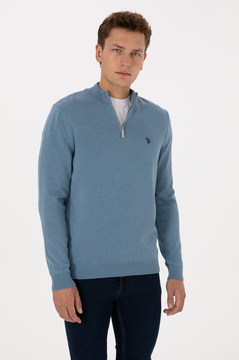 Erkek Slim Fit Yarım Fermuarlı Mavi Basic Kazak