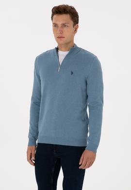 Erkek Slim Fit Yarım Fermuarlı Mavi Basic Kazak - 50313695098