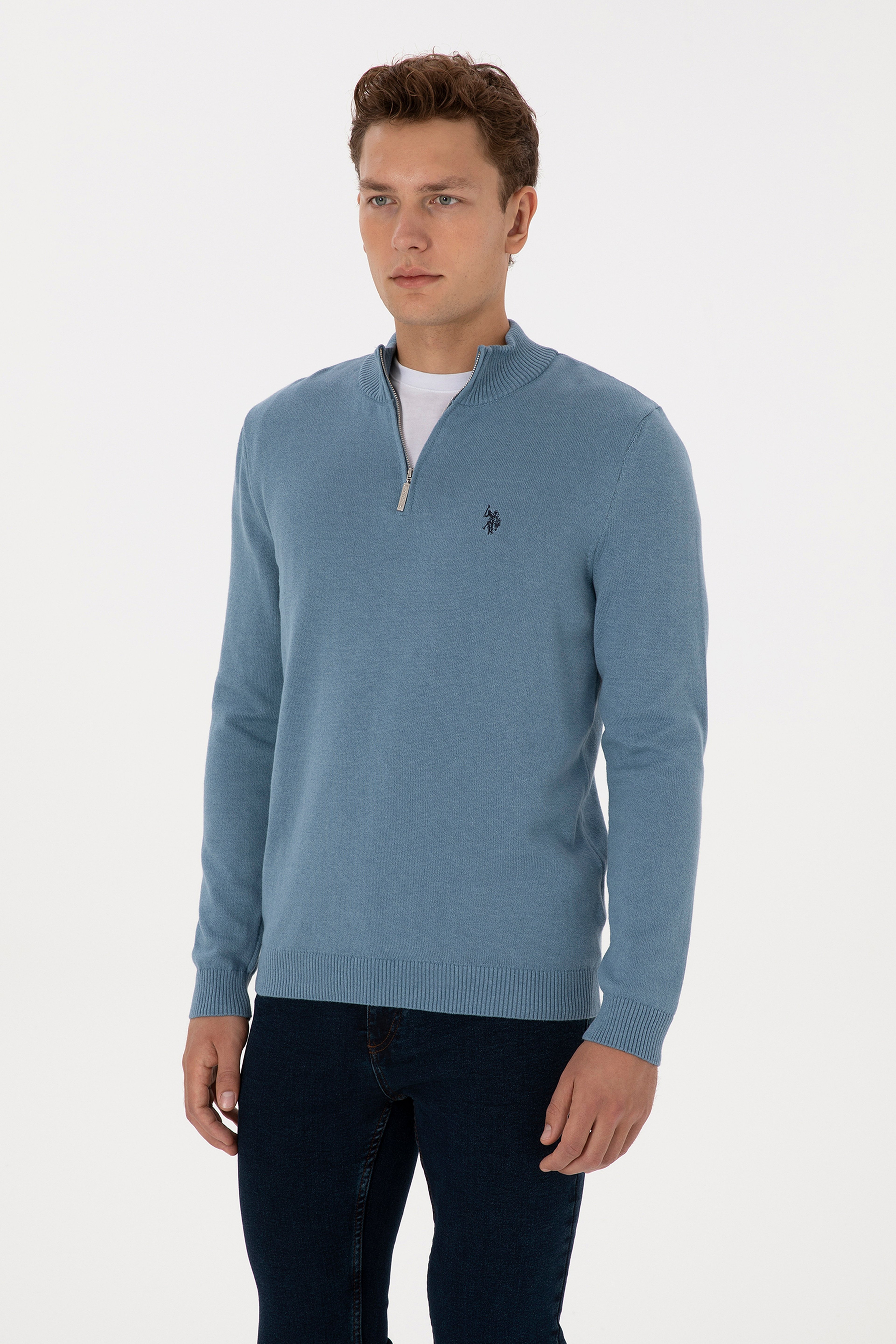 Erkek Slim Fit Yarım Fermuarlı Mavi Basic Kazak - Image 3